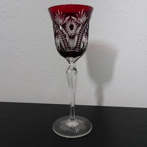 Bohemian Czech Red Cut to Clear Crystal Wine Glass Goblet 9" Tall Vintage